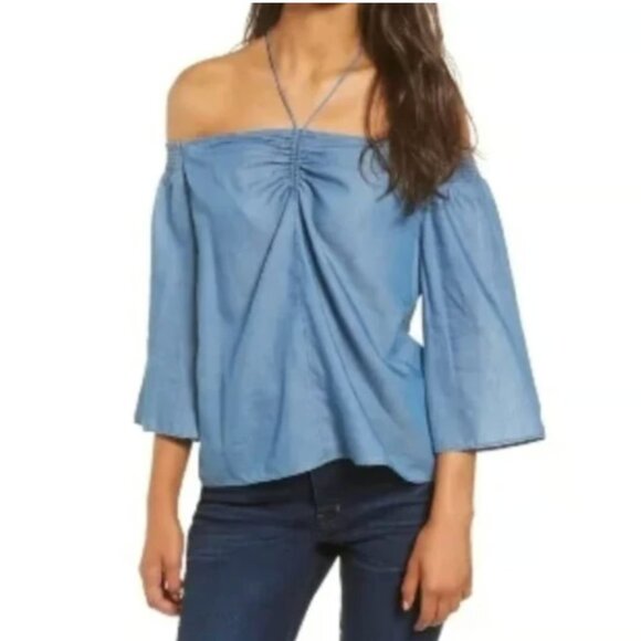 Hinge Chambray Off Shoulder Top Size XS Blue Flowy Boho Blouse Lightweight - Picture 1 of 7